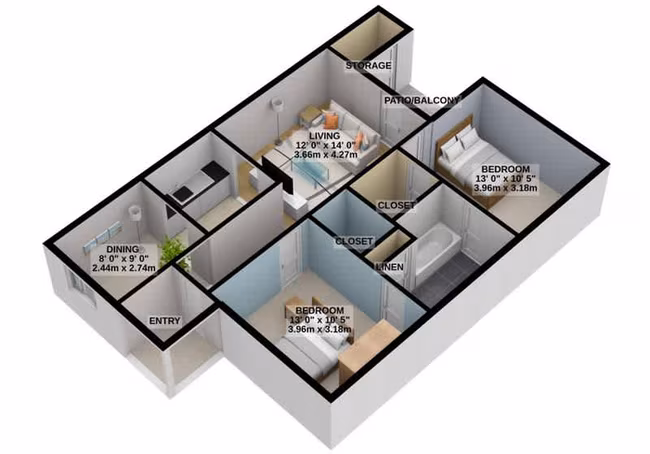 2 Beds • 1 Bath 14-1402 floor plan
